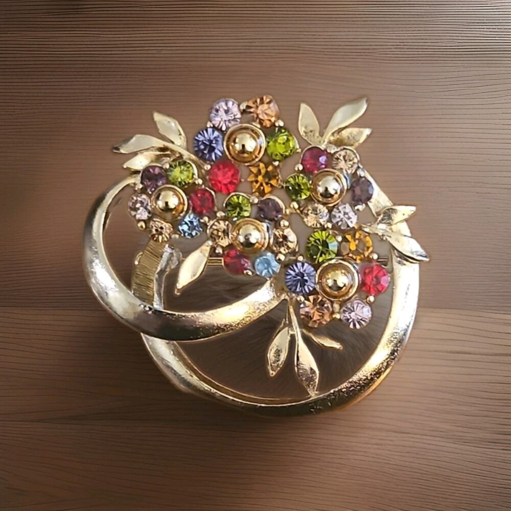 Vintage Gold Tone Rhinestone Floral Brooch Multicolor Open Circle